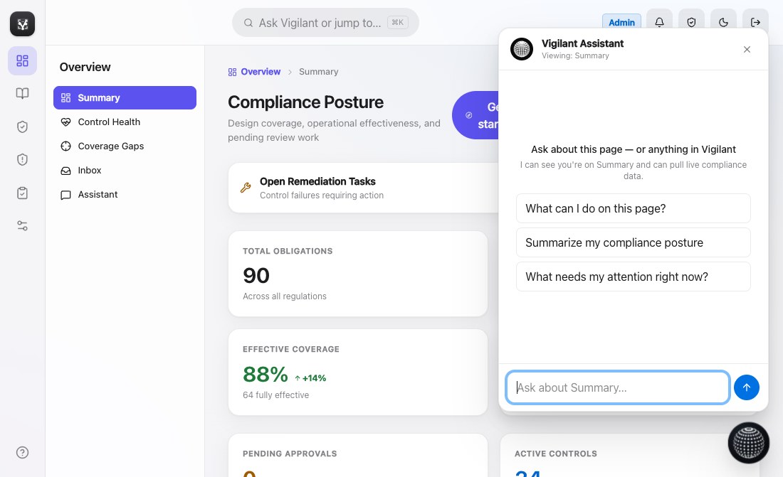 Vigilant Assistant open on the dashboard — Viewing: Summary, with suggested questions about this page