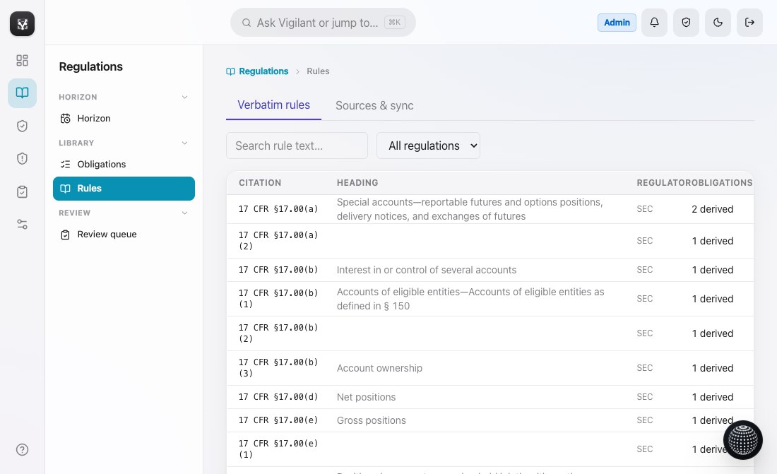 Verbatim rules corpus in the live product — citations, headings, regulator, and derived obligations