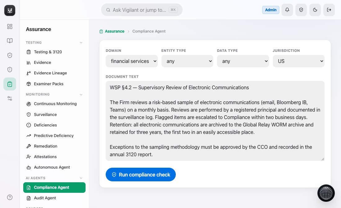 Compliance Agent — review document text against selected rules with structured findings