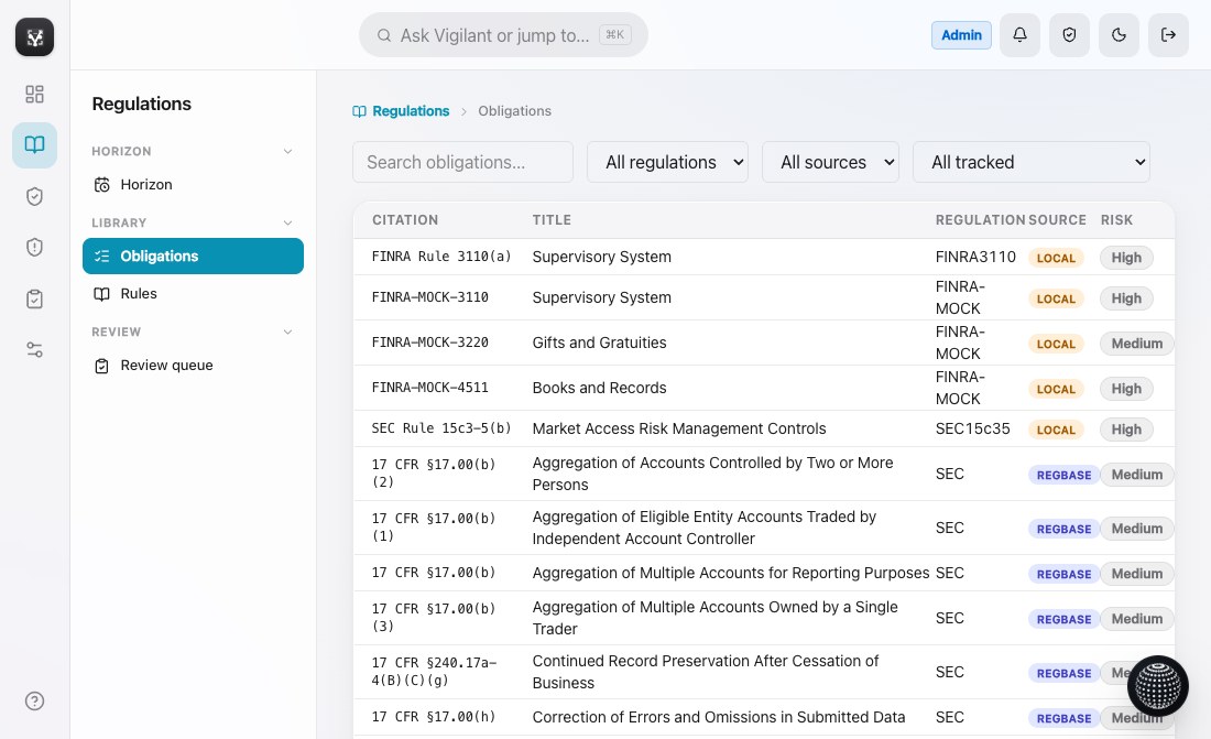Obligations register in the live product: citations, titles, regulation, source, and risk columns