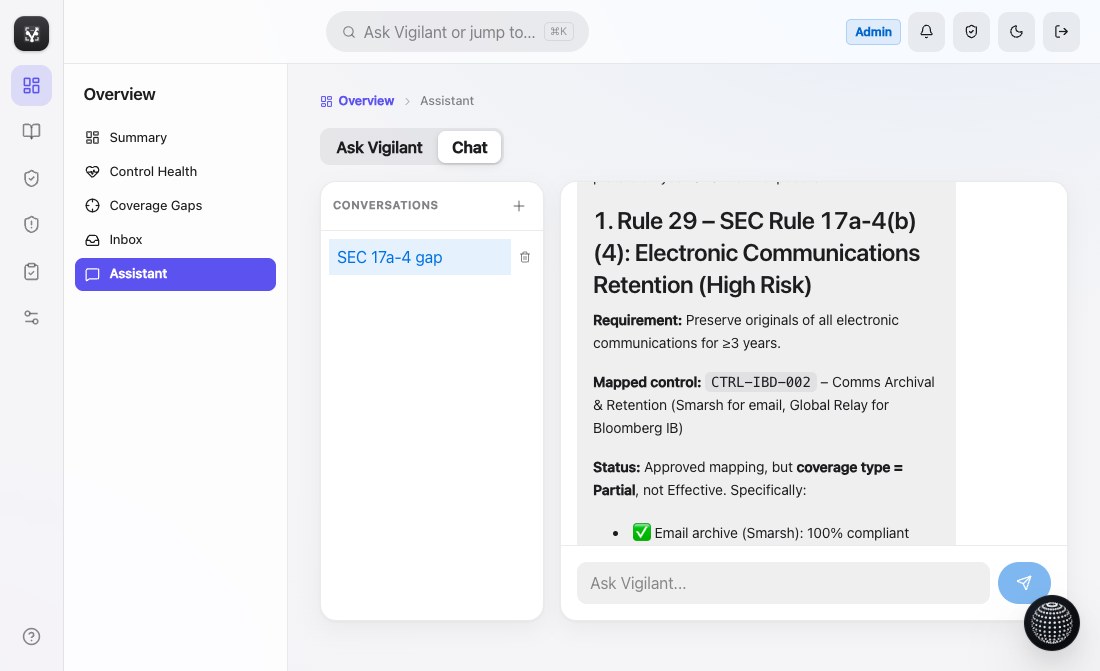 Vigilant Assistant — chat and search across compliance knowledge and evidence